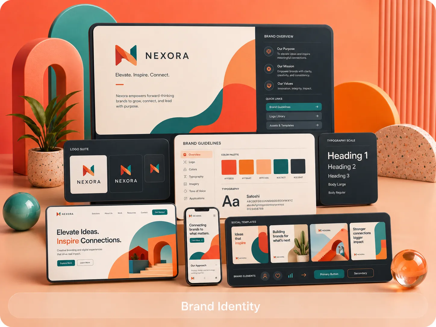 Modern brand identity design showcase featuring logo systems, typography, colour palettes, UI branding guidelines, and responsive digital mockups for Nexora.