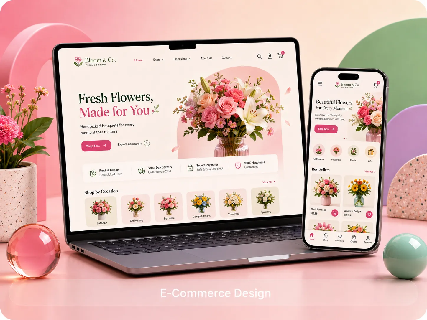 Custom e-commerce website and mobile app design for Bloom & Co flower shop featuring responsive UI, online shopping experience, and floral branding.