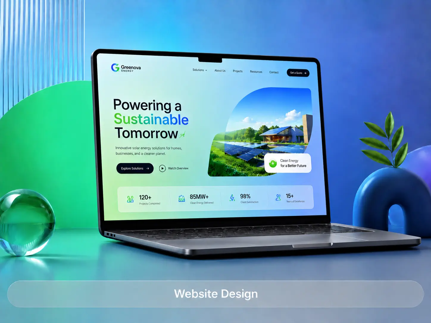 Modern sustainable energy website design for Greenova Energy featuring responsive UI, clean corporate branding, and renewable energy web development.