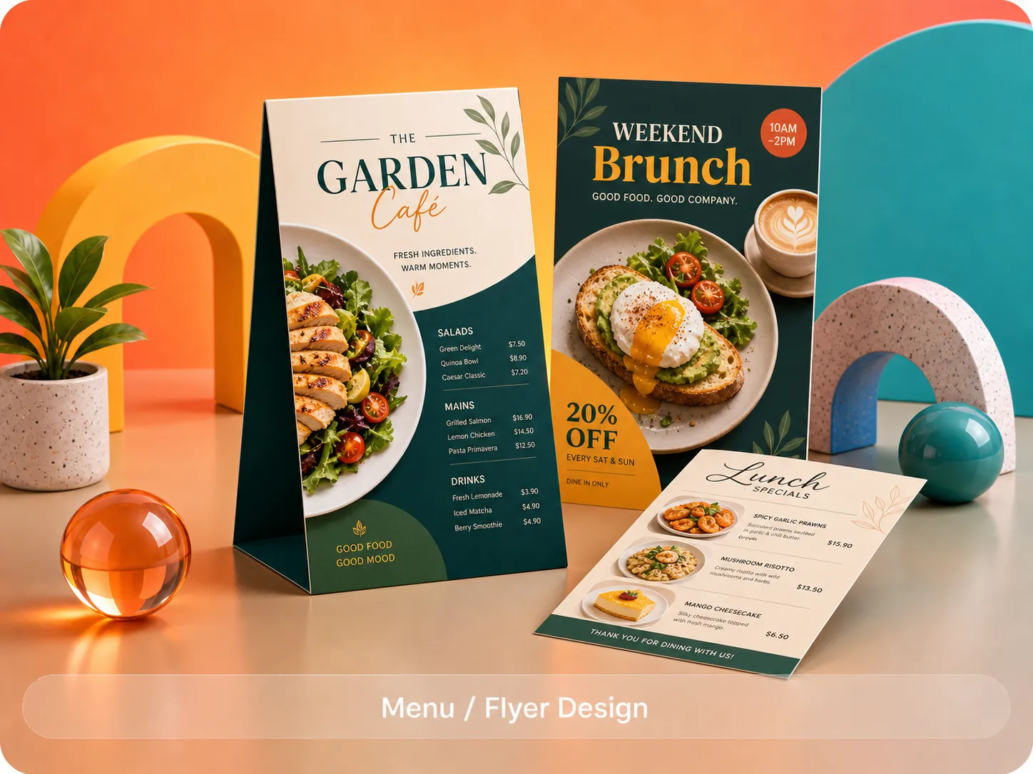 Creative restaurant menu and flyer design for The Garden Café featuring modern food branding, promotional print materials, and café marketing layouts.