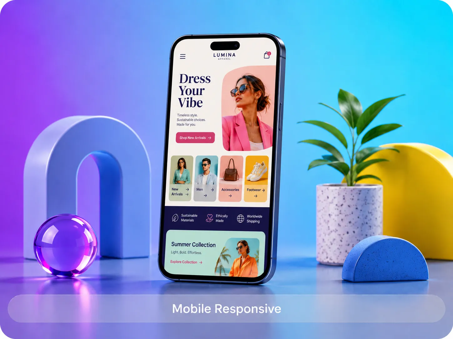 Mobile responsive fashion e-commerce app design for Lumina Apparel featuring modern UI, online shopping interface, and responsive mobile experience.