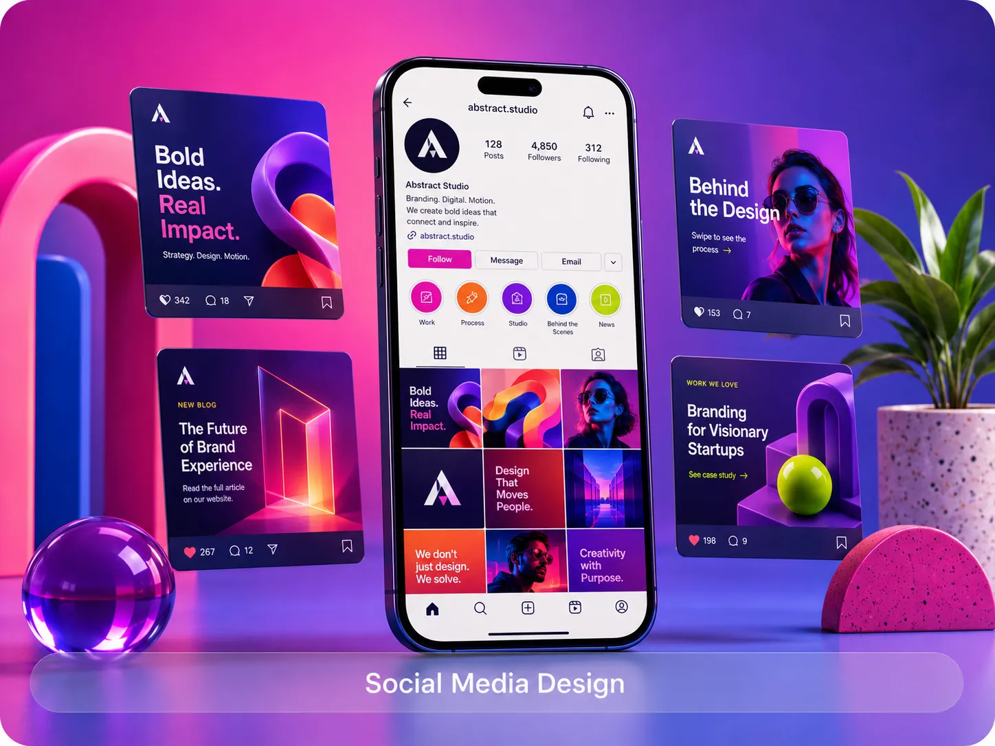 Creative social media branding and Instagram post design for Abstract Studio featuring bold visual identity, digital marketing graphics, and modern content layouts.